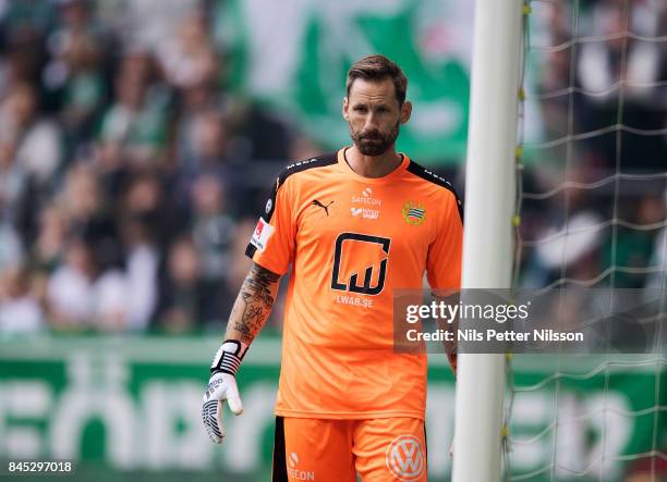 Johan Wiland, goalkeeper of Hammarby IF during the Allsvenskan match between Hammarby IF and AIK at Tele2 Arena on September 10, 2017 in Stockholm,...