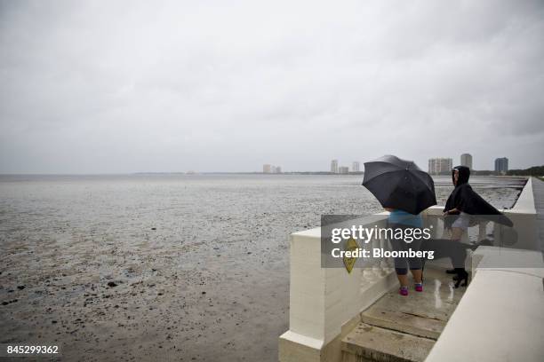 Residents look over Tampa Bay, where the normally 3' deep water had receded approximately 150 ft. Off shore, ahead of Hurricane Irma in Tampa,...