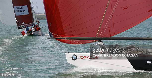 Luna Rossa team prepare to raise its spinaker during a practice session ahead of the Louis Vuitton Pacific Series in Auckland on January 29, 2009....