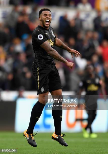 Jamaal Lascelles of Newcastle United celebrates victory during the Premier League match between Swansea City and Newcastle United at Liberty Stadium...
