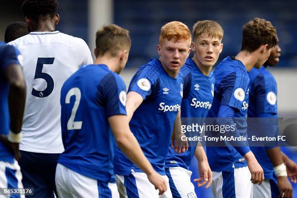 Lewis Gibson and Morgan Feeney of Everton line up the defence during the Premier League 2 match between Everton U23 and Tottenham Hotspur U23 at...
