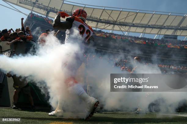 Jeremy Hill of the Cincinnati Bengals is introduced to the crowd prior to the start of the game against the Baltimore Ravens at Paul Brown Stadium on...