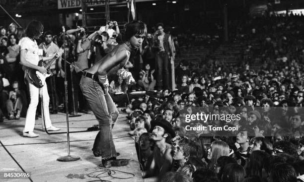 Iggy Pop and guitarist Ron Asheton performing with The Stooges at the Cincinnati Pop Festival at Crosley Field, Cincinnati, Ohio, 13th June 1970.