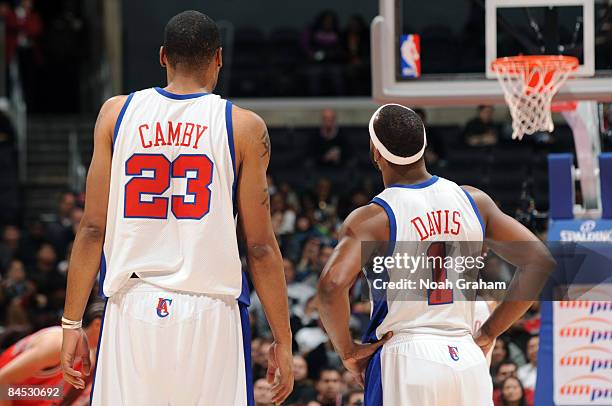 Marcus Camby and Baron Davis of the Los Angeles Clippers look on during their game against the Chicago Bulls at Staples Center January 28, 2009 in...