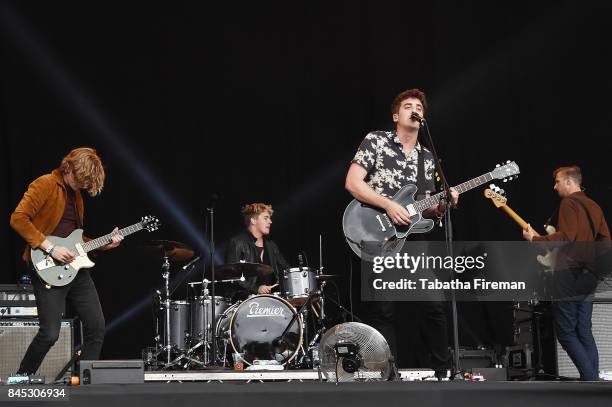 Joe Falconer, Colin Jones, Kieran Shudall and Sam Rourke of Circa Waves perform on The Castle stage on Day 4 of Bestival at Lulworth Castle on...