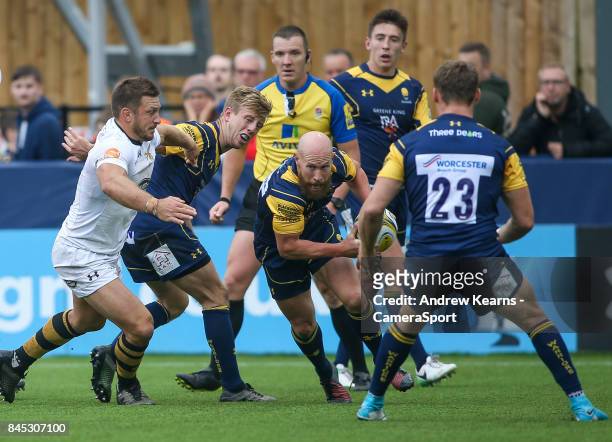 Worcester Warriors' Peter Stringer defending during the Aviva Premiership match between Worcester Warriors and Wasps at Sixways Stadium on September...