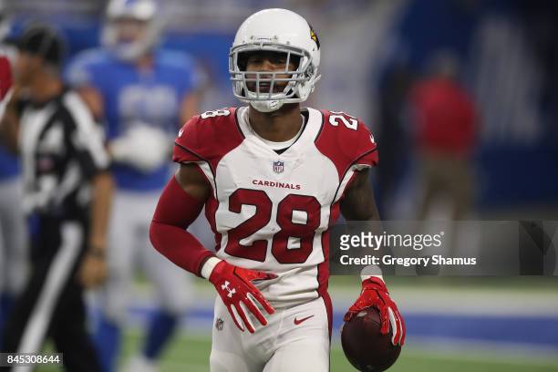 Justin Bethel of the Arizona Cardinals reacts after scoring a touchdown in the first quarter against Detroit Lions at Ford Field on September 10,...
