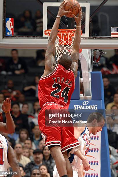 Tyrus Thomas of the Chicago Bulls goes up for a dunk during a game against the Los Angeles Clippers at Staples Center January 28, 2009 in Los...