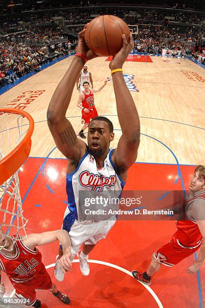 DeAndre Jordan of the Los Angeles Clippers goes up for a dunk during a game against the Chicago Bulls at Staples Center on January 28, 2009 in Los...