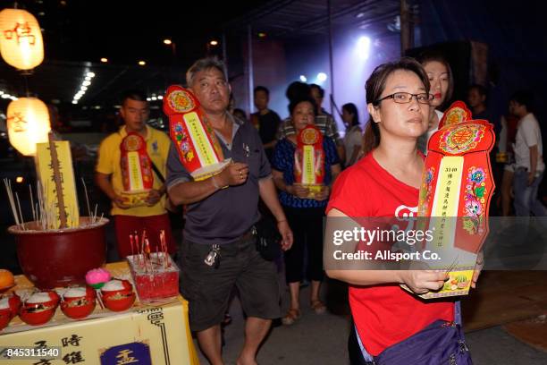 Ethnic Chinese offers prayers during the Chinese Hungry Ghost Festival on Sept. 10, 2017 in Kuala Lumpur, Malaysia. The Hungry Ghost Festival is...