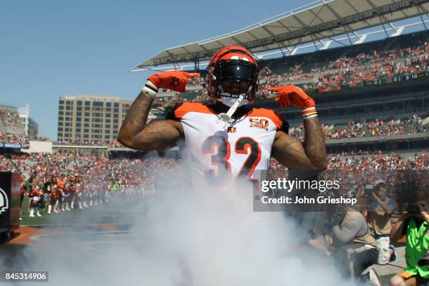 Jeremy Hill of the Cincinnati Bengals is introduced to the crowd prior to the start of the game against the Baltimore Ravens at Paul Brown Stadium on...