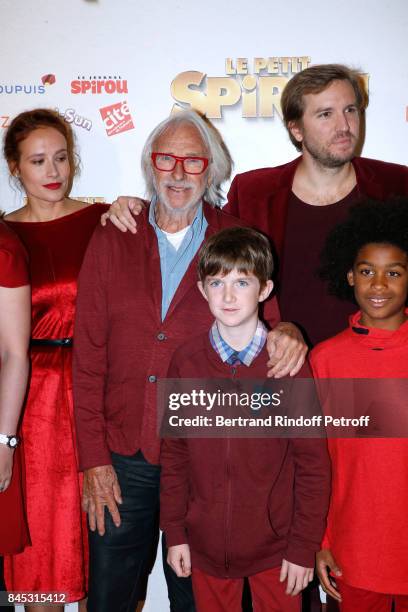 Actors of the movie Gwendolyn Gourvenec, Pierre Richard, "Le Petit Spirou" Sacha Pinault and Director Nicolas Bary attend the "Le Petit Spirou" Paris...