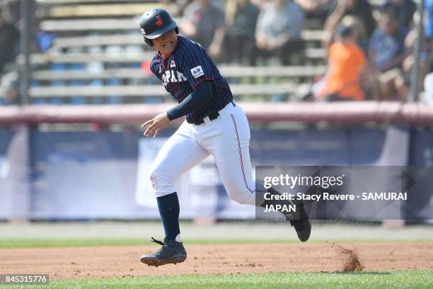 Kotaro Kiyomiya of Japan runs to second base during the third inning of a game against Canada during the WBSC U-18 Baseball World Cup Bronze Medal...