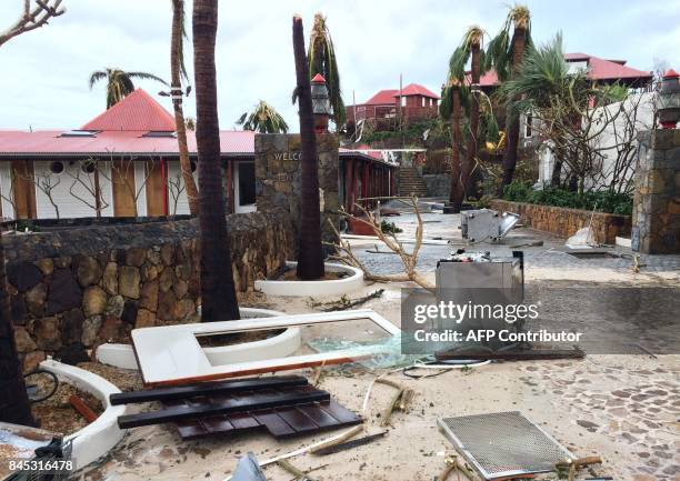 Picture taken on September 6 shows destruction at the Eden Rock hotel in Baie de Saint Jean on the French Caribbean island of Saint-Barthelemy, after...