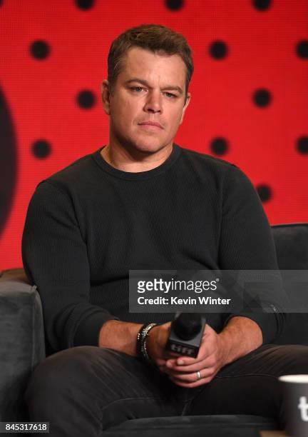 Actor Matt Damon speaks onstage at the "Suburbicon" press conference during the 2017 Toronto International Film Festival at TIFF Bell Lightbox on...
