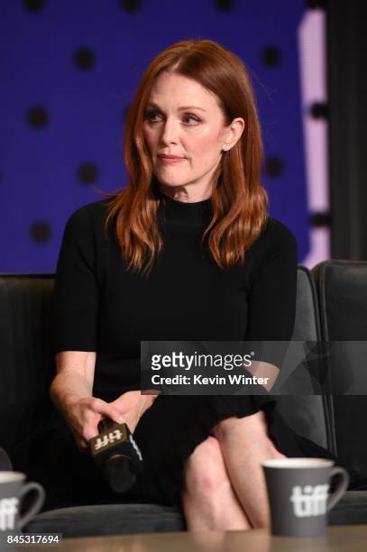 Actress Julianne Moore speaks onstage at the "Suburbicon" press conference during the 2017 Toronto International Film Festival at TIFF Bell Lightbox...