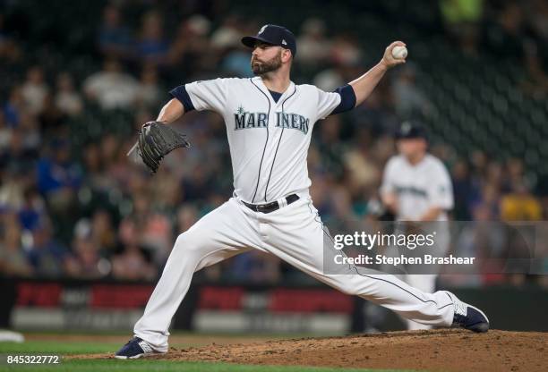 Reliever Marc Rzepczynski of the Seattle Mariners delivers a pitch during a game against the Houston Astros at Safeco Field on September 6, 2017 in...