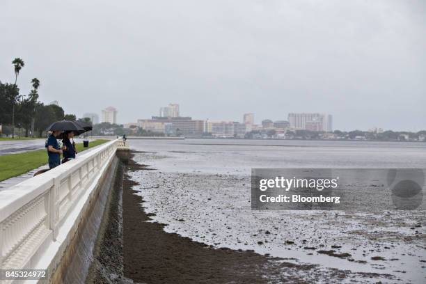 Residents look over Tampa Bay, where the normally 3' deep water had receded approximately 150 ft. Off shore, in Tampa, Florida, U.S., as the eye of...