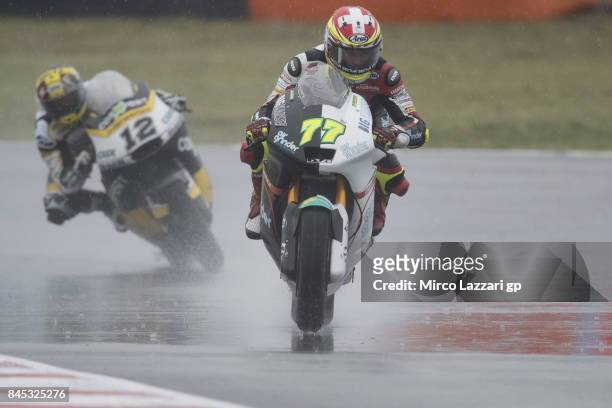 Dominique Aegerter of Switzerland and Kiefer Racing leads the field during the Moto2 Race during the MotoGP of San Marino - Race at Misano World...