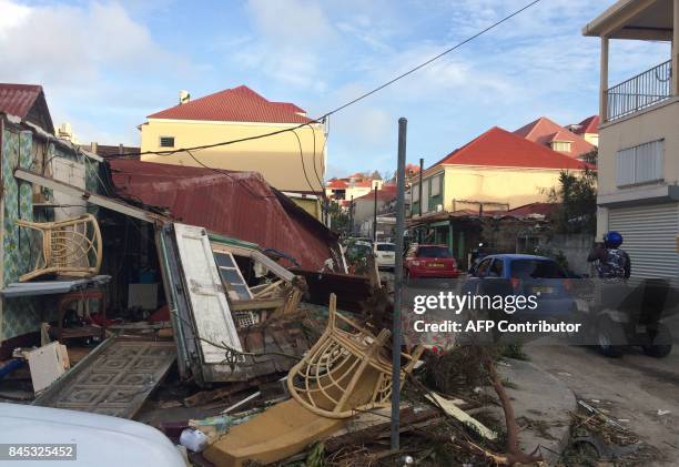 Picture taken on September 7 shows damages in Gustavia on the French Caribbean island of Saint-Barthelemy, after it was hit by Hurricane Irma. At...