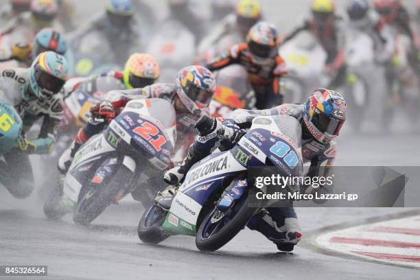 Jorge Martin of Spain and Del Conca Gresini Moto3 leads the field during the Moto3 Race during the MotoGP of San Marino - Race at Misano World...