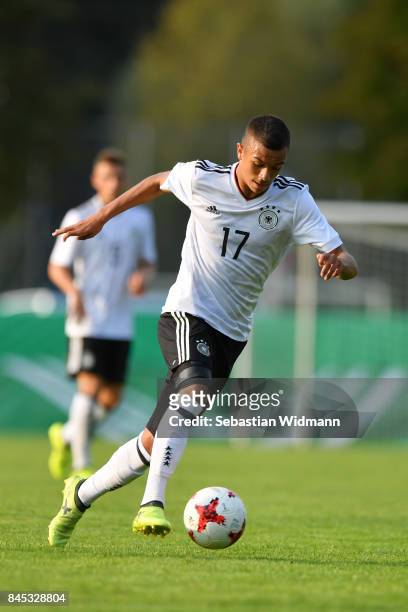Oliver Batista Meier of Germany plays the ball during the Four Nations Tournament match between U17 Germany and U17 Italy at Donau-Wald-Stadion on...