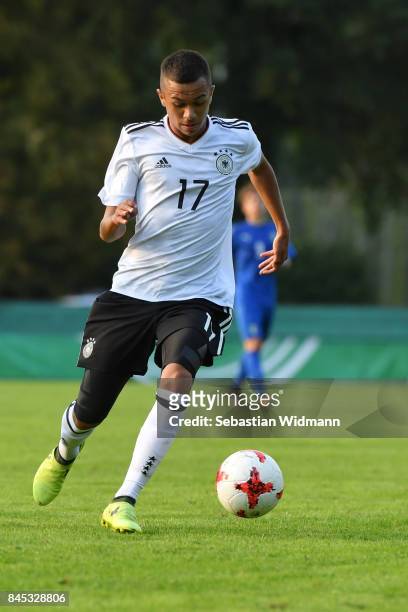 Oliver Batista Meier of Germany plays the ball during the Four Nations Tournament match between U17 Germany and U17 Italy at Donau-Wald-Stadion on...