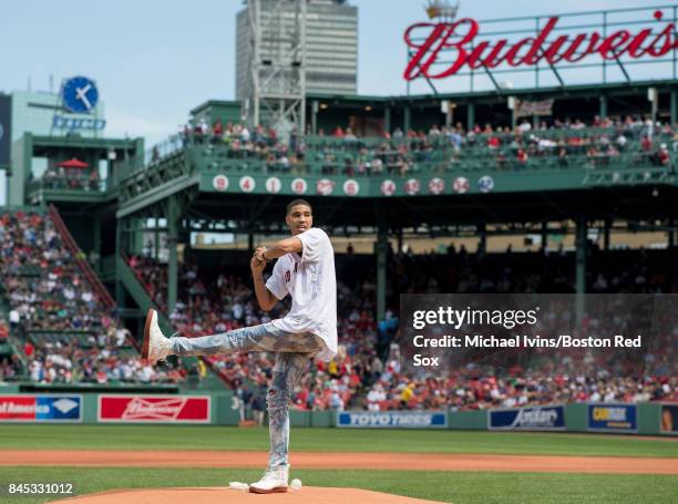 Boston Celtics first round draft pick Jason Tatum throws out a ceremonial first pitch before a game between the Boston Red Sox and the Tampa Bay Rays...