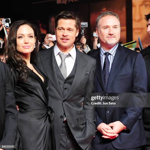 Actor Brad Pitt and actress Angelina Jolie and director David Fincher attend the "The Curious Case of Benjamin Button" Japan Premiere at Roppongi...