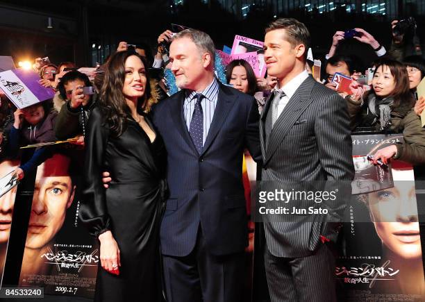 Actress Angelina Jolie, director David Fincher and actor Brad Pitt attend the "The Curious Case of Benjamin Button" Japan Premiere at Roppongi Hills...