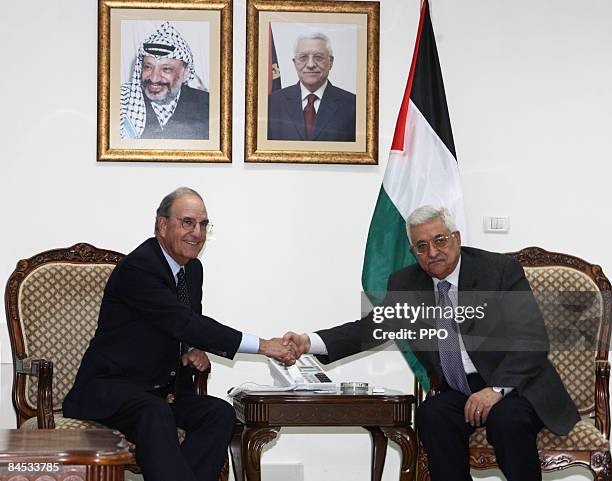 In this handout image provided by the Palestinian Press Office , Palestinian President Mahmoud Abbas meets with U.S. Middle East Envoy George J....