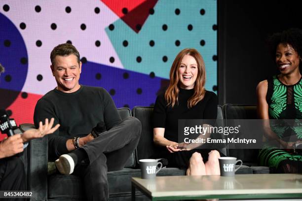 Actors Matt Damon, Julianne Moore and Karimah Westbrook at the "Suburbicon" press conference during the 2017 Toronto International Film Festival held...