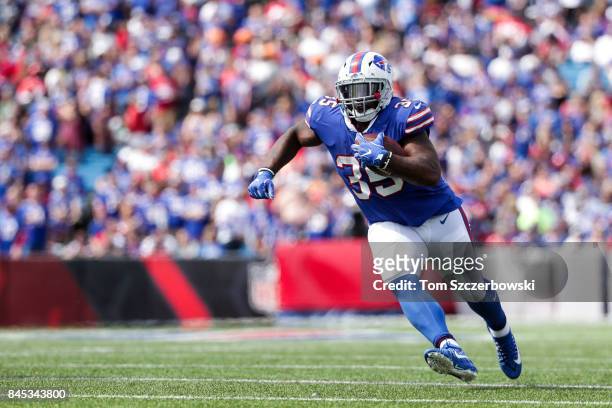 Mike Tolbert of the Buffalo Bills runs the ball during the first half against the New York Jets on September 10, 2017 at New Era Field in Orchard...