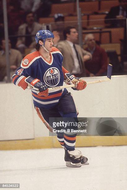 Canadian ice hockey player Kevin Lowe of the Edmonton Oilers on the ice during a game, March 1983.