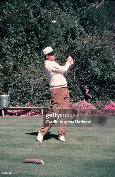 Costantino Rocca, who eagled the 13th hole in both Round 1 and Round 2, watches his shot from the finish position during the 1996 Masters Tournament...