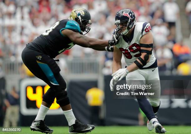 Watt of the Houston Texans pushes through Jermey Parnell of the Jacksonville Jaguars at NRG Stadium on September 10, 2017 in Houston, Texas.