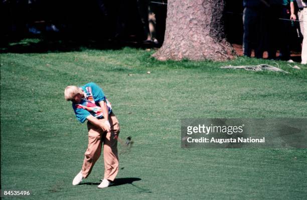 John Daly blasts off the fairway during the 1993 Masters Tournament at Augusta National Golf Club in April 1993 in Augusta, Georgia.