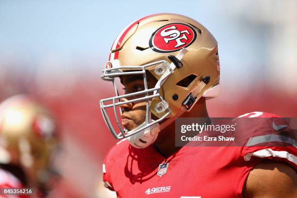 Solomon Thomas of the San Francisco 49ers stands on the field before their game against the Carolina Panthers at Levi's Stadium on September 10, 2017...