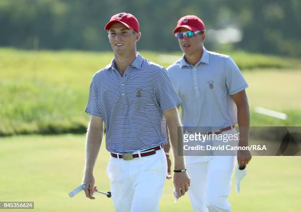 Will Zalatoris of the United States team on the 10th hole in his match with Cameron Champ against Jack Davidson and David Boote of the Great Britain...