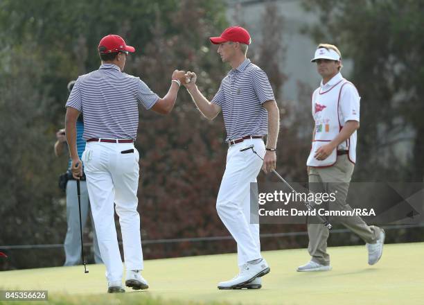 Will Zalatoris of the United States team celebrates a birdie on the first hole in his match with Cameron Champ against Jack Davidson and David Boote...