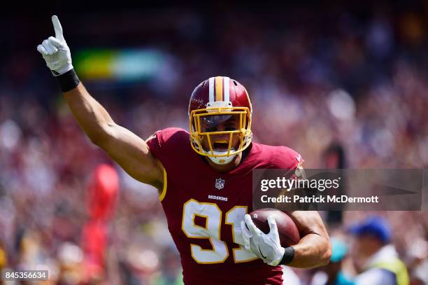Ryan Kerrigan of the Washington Redskins celebrates against the Philadelphia Eagles in the second half at FedExField on September 10, 2017 in...