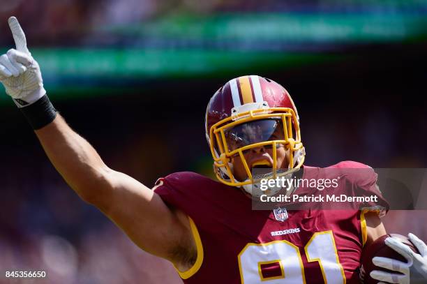 Ryan Kerrigan of the Washington Redskins celebrates against the Philadelphia Eagles in the second half at FedExField on September 10, 2017 in...