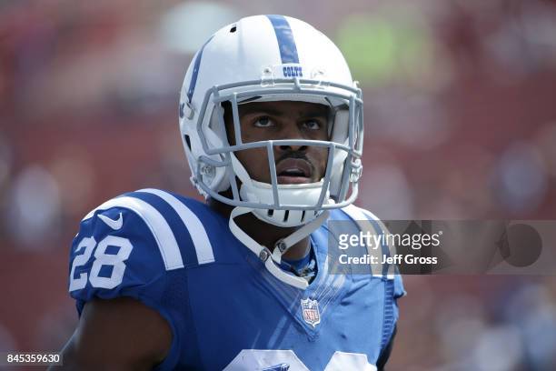 Chris Milton of the Indianapolis Colts is seen at the game between the Los Angeles Ram and Indianapolis Colts at the Los Angeles Memorial Coliseum on...