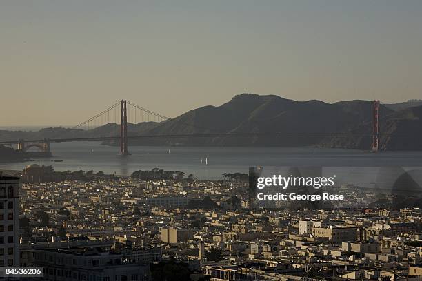 View looking west toward the Golden Gate Bridge is seen in this 2009 San Francisco, California, photo taken from the Fairmont Hotel on Nob Hill.