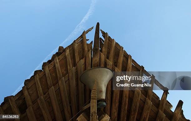 Speaker is installed in an inhabited Tang Dynasty building in the ancient 'Kaiyang Fort' on January 29, 2009 in Yangyuan, China. People still reside...