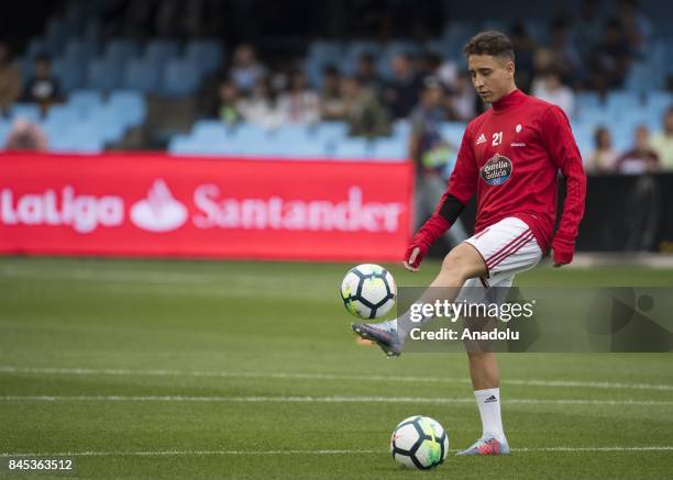 Emre Mor of Celta de Vigo warms up prior to the La Liga match between RC Celta de Vigo and Deportivo Alaves at Balaidos Stadium on September 10, 2017...