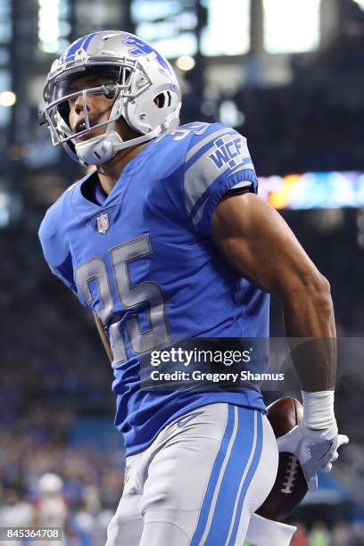 Miles Killebrew of the Detroit Lions runs the ball in for a touchdown in the second half against the Arizona Cardinals at Ford Field on September 10,...