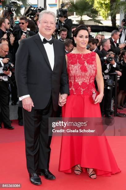Al Gore and Elizabeth Keadle attend the "An Inconvenient Truth" premiere during the 70th annual Cannes Film Festival at Palais des Festivals on May...