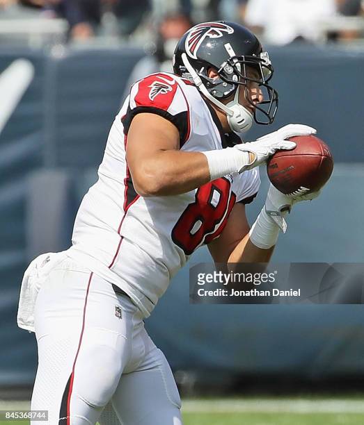 Austin Hooper of the Atlanta Falcons catches a touchdown pass against the Chicago Bears during the season opening game at Soldier Field on September...