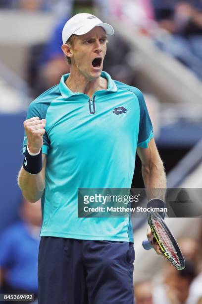 Kevin Anderson of South Africa reacts against Rafael Nadal of Spain during their Men's Singles finals match on Day Fourteen of the 2017 US Open at...